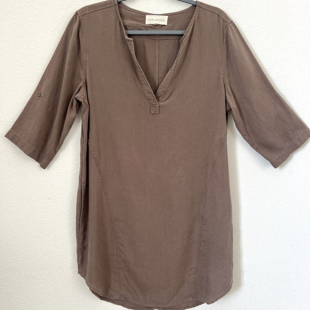 Side Stitch Brown Tencel Lyocell V-Neck Tunic Dress Pockets Size L